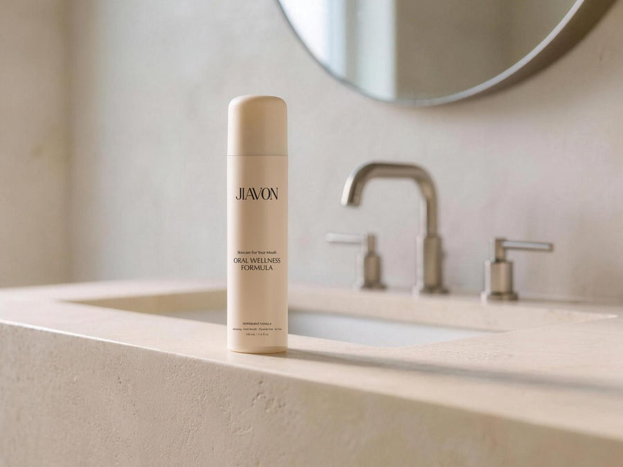 The JIAVON bottle on a limestone bathroom vanity in morning light