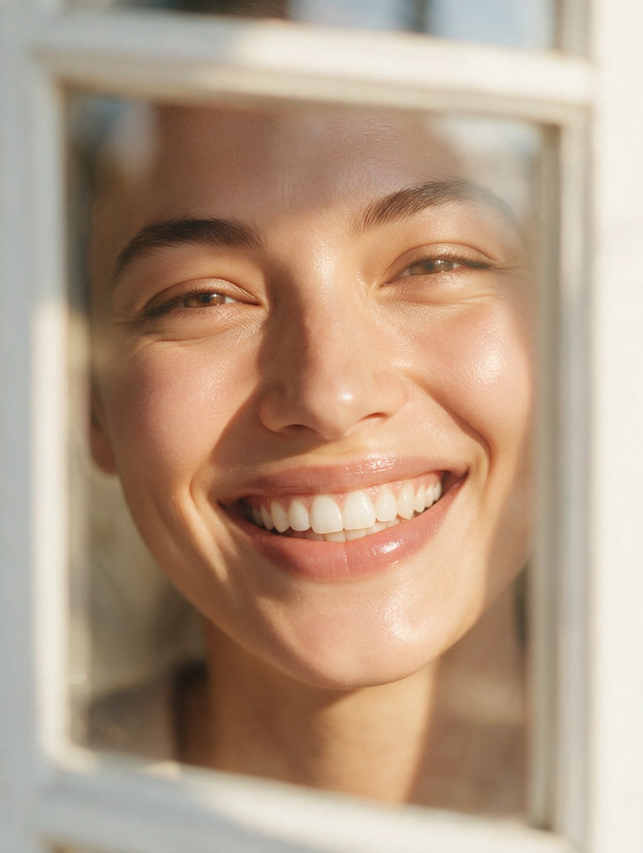 Natural smile with healthy glossy teeth in golden light